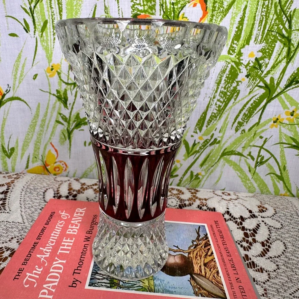 Enesco Lead Crystal Vase Diamond Point Ruby Flashing Pressed Vintage Glass